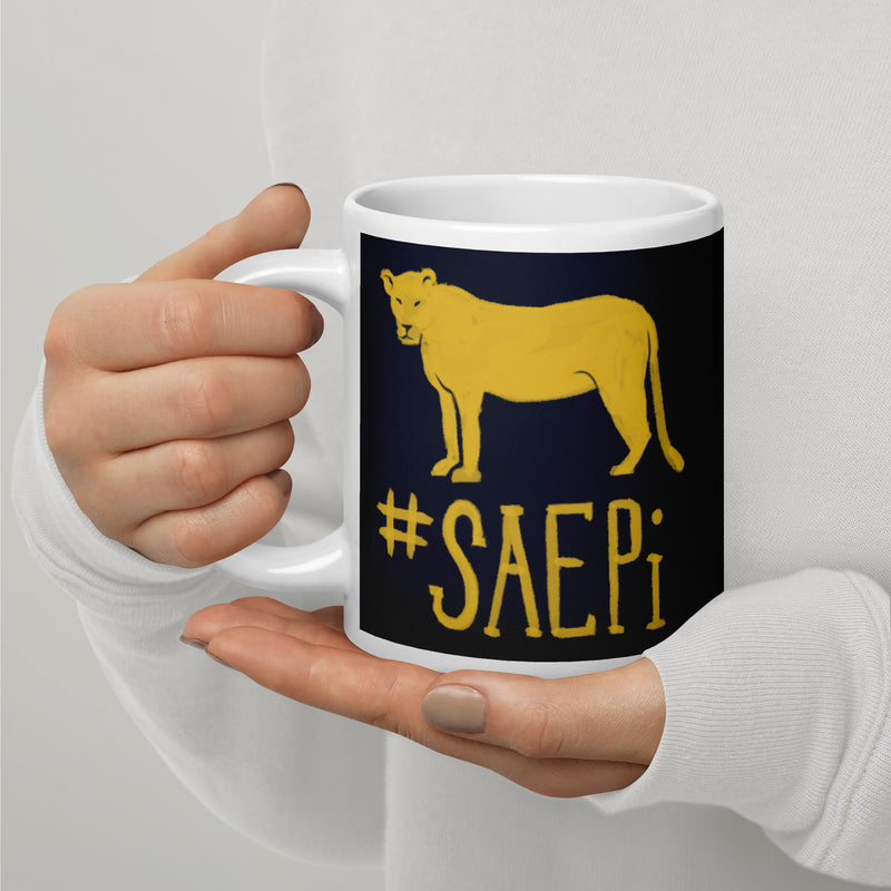 Sigma Alpha Epsilon Pi Lioness Mug in 20 oz size shown in model&