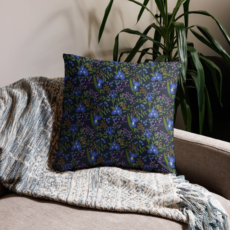 Sigma Alpha Epsilon Pi Lioness Pillow showing back of 22" x 22" pillow with floral print