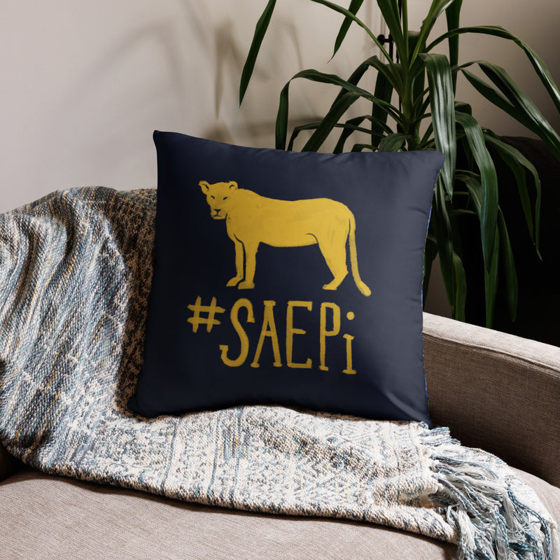 Sigma Alpha Epsilon Pi Lioness Pillow showing SAEPi mascot design on 22" x 22" pillow shown on couch