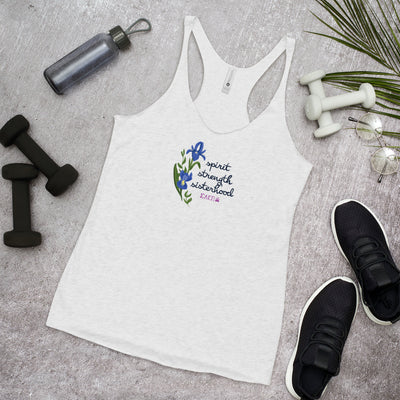 SAEPi motto Spirit Strength Sisterhood Racerback Tank in white in lifestyle setting