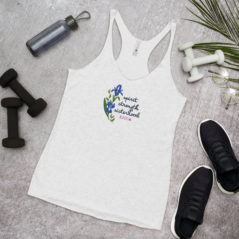 SAEPi motto Spirit Strength Sisterhood Racerback Tank in white in lifestyle setting