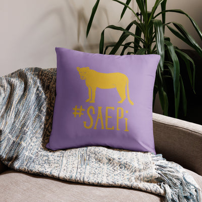 SAEPi reversible pillow in 22" x 22" size showing mascot design on couch