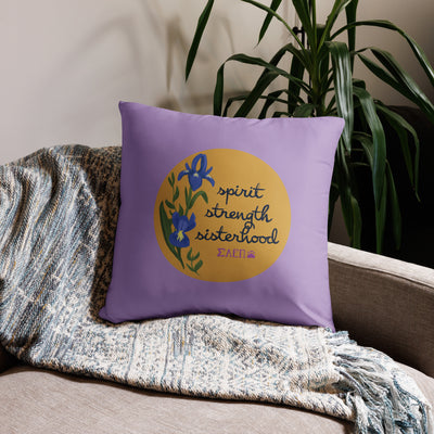 SAEPi reversible pillow in 22" x 22" size showing motto design on couch