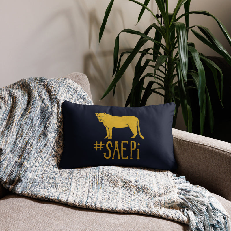 Sigma Alpha Epsilon Pi Lioness Pillow shown in 20" x 12" lumbar pillow size with SAEPi mascot
