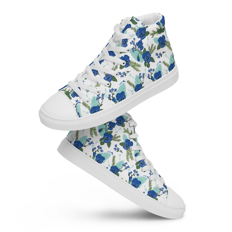 Tri Delta Sorority High Tops shown in playful stacked view with pansy floral print in white