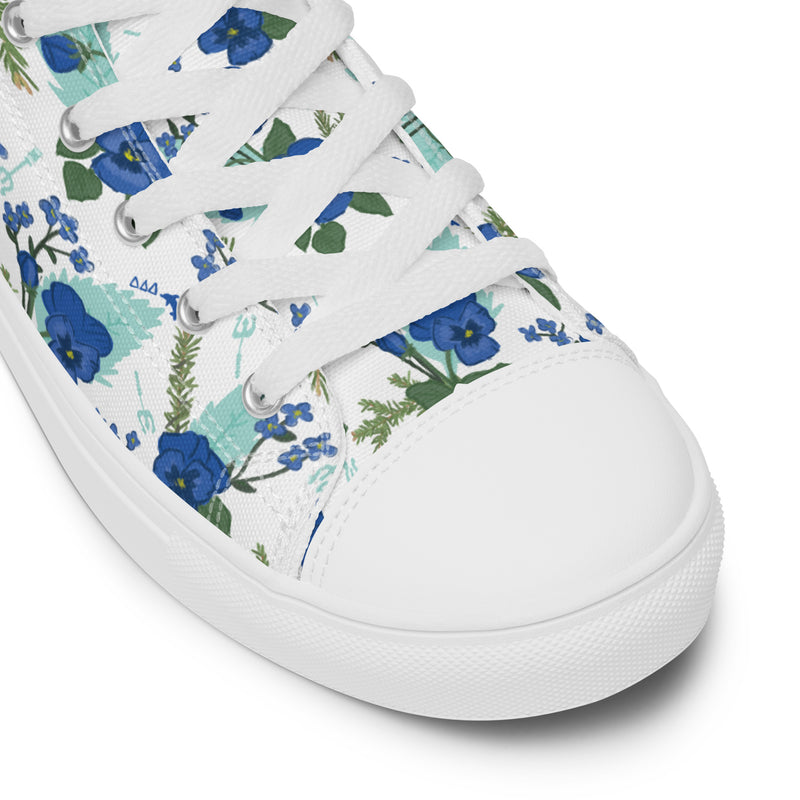 Tri Delta Sorority High Tops in pansy floral print in white shown in toe detail