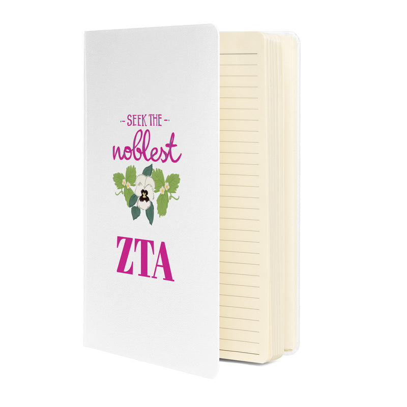 Zeta Tau Alpha Seek the Noblest Motto Journal in white showing inside lined pages