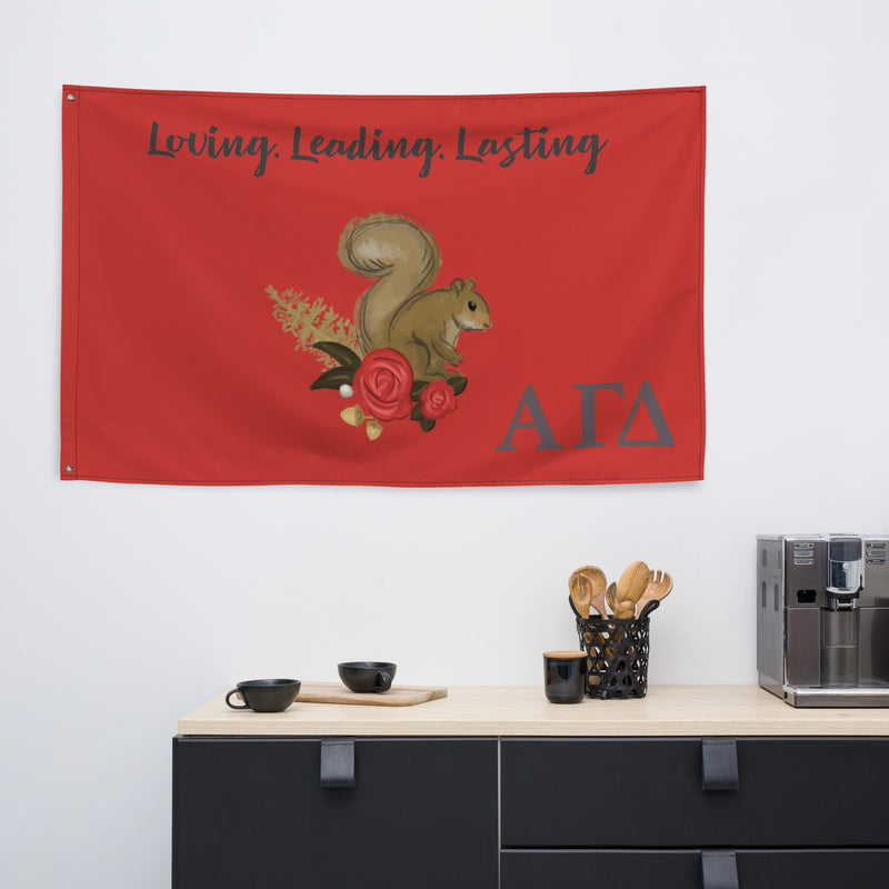 Alpha Gam Squirrel Red Mascot Flag in kitchen setting