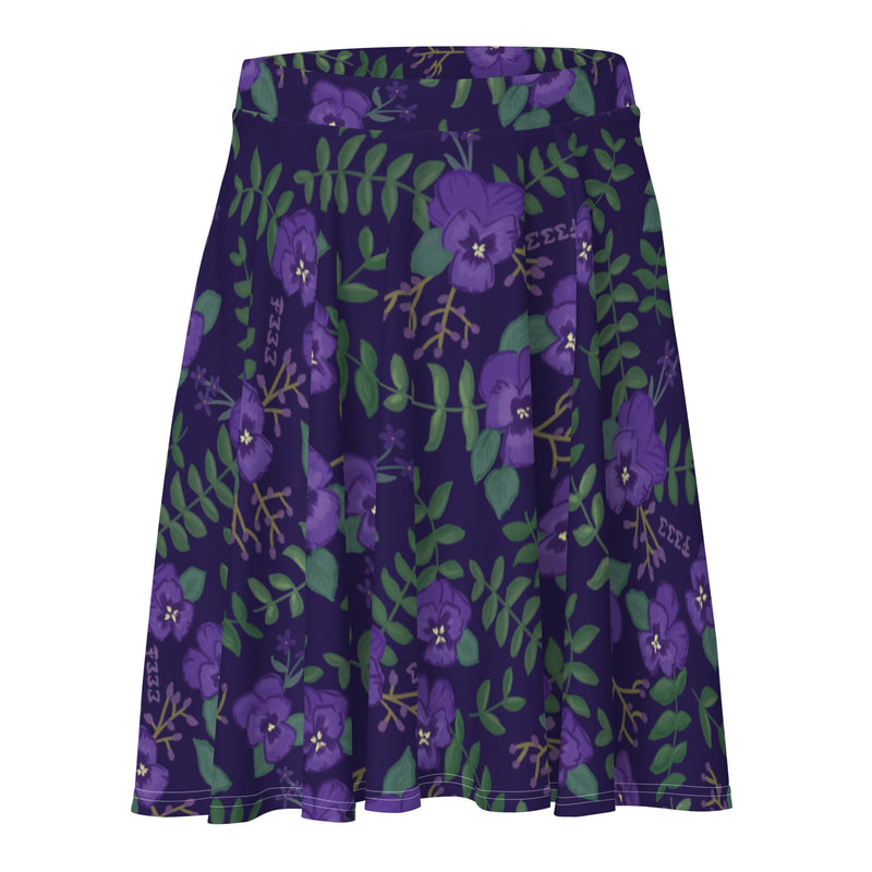 Tri Sigma Purple Violet Floral Print Skater Skirt in detail view