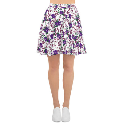 Front view of Sigma Kappa violet floral skater skirt with model in tennis shoes