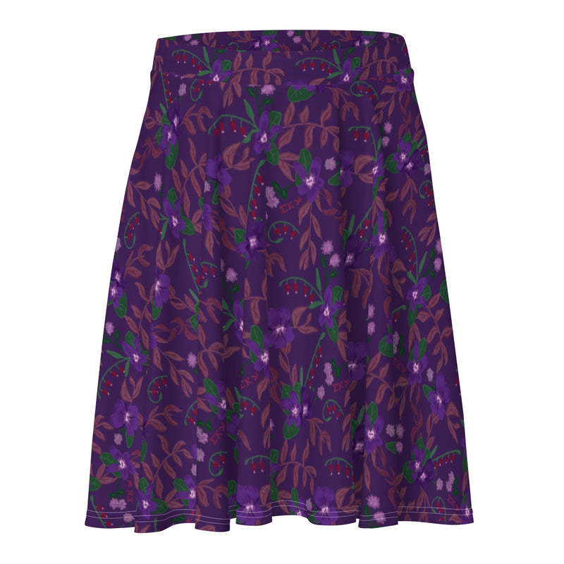 Sigma Kappa Purple Violet Skater Skirt in close up view showing hand drawn violet floral pattern