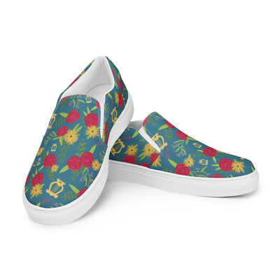 New! Alpha Chi Carnation Teal Floral Print Slip-on Canvas Shoes stacked