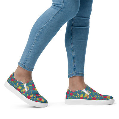 New! Alpha Chi Carnation Teal Floral Print Slip-on Canvas Shoes in side view