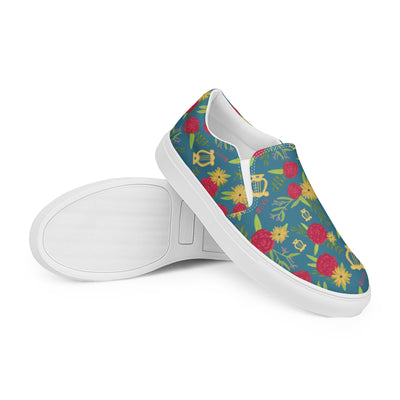 New! Alpha Chi Carnation Teal Floral Print Slip-on Canvas Shoes showing top and bottom of shoe