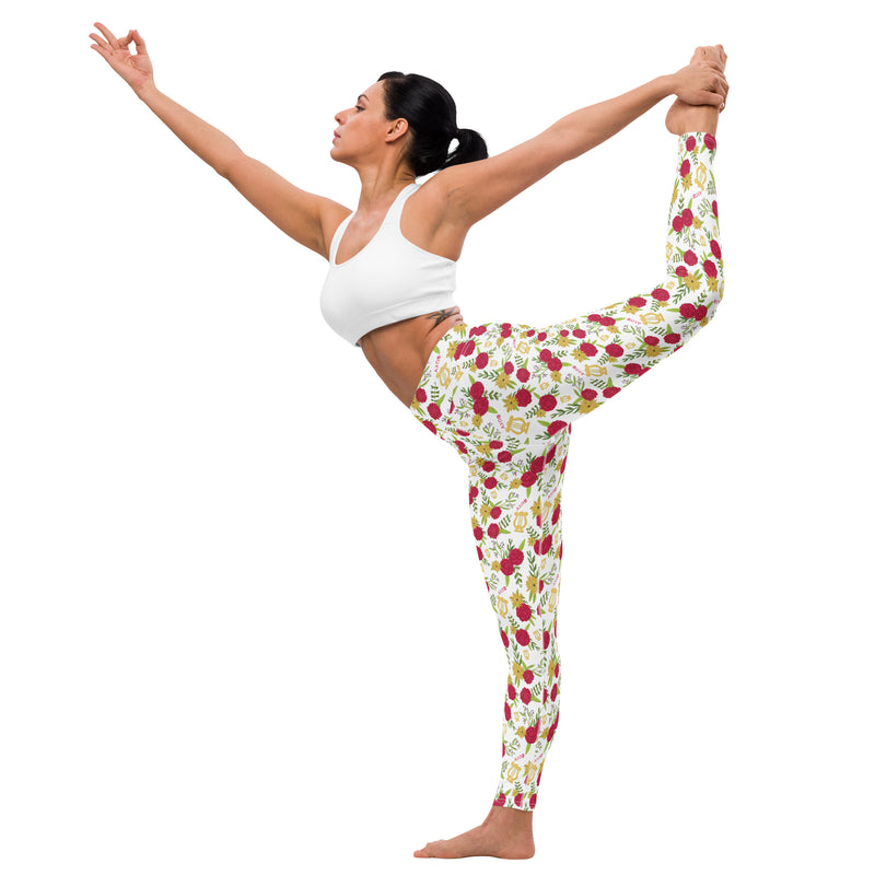 Alpha Chi Omega Yoga Leggings in Red Carnation Floral Print, White