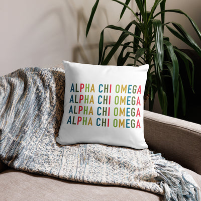 Alpha Chi Omega Colorful Repeat Pillow in sorority brand colors in 18" x 18" size