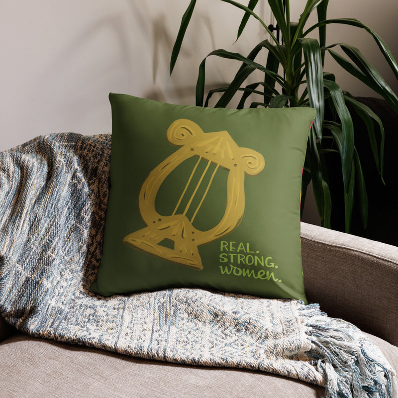 Alpha Chi Omega Sorority Pillow in 22" x 22" size on chair