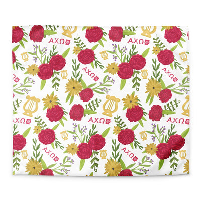 Alpha Chi Omega Duvet Cover in king size showing red carnation and lyre floral print