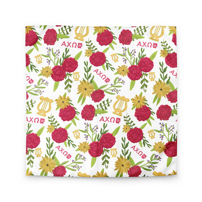 Alpha Chi Omega Duvet Cover in queen size showing red carnation and lyre floral print