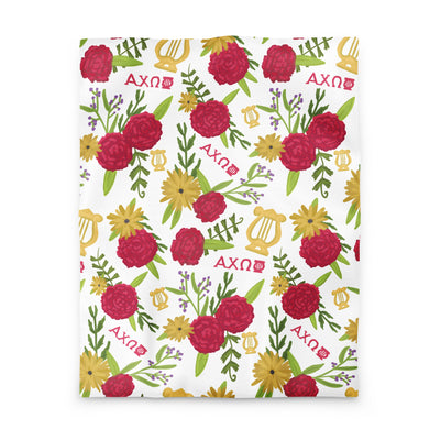Alpha Chi Omega Duvet Cover in twin size showing red carnation and lyre floral print