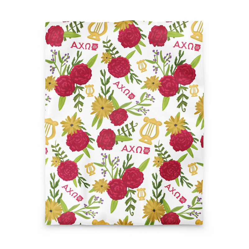 Alpha Chi Omega Duvet Cover in twin size showing red carnation and lyre floral print