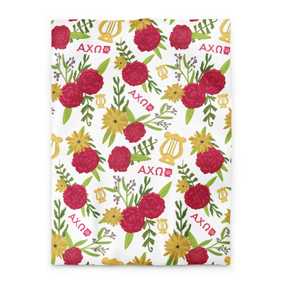 Alpha Chi Omega Duvet Cover in twin xl size showing red carnation and lyre floral print