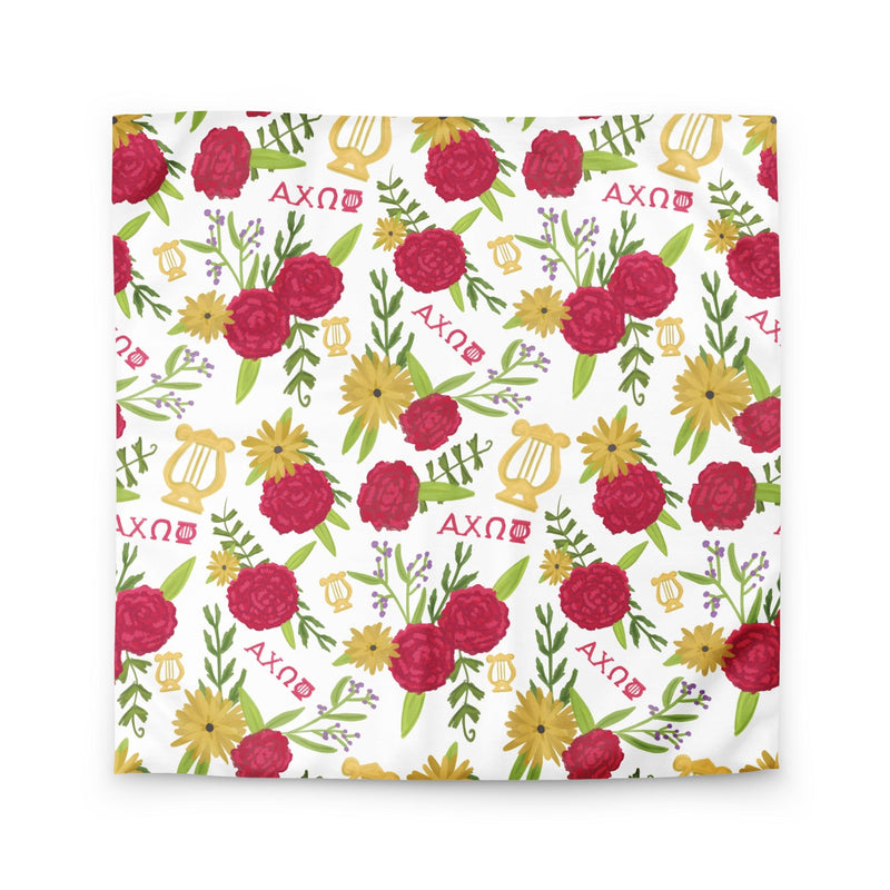 Alpha Chi Omega Sweet Dreams Bedding Bundle showing queen duvet cover with carnation floral print 