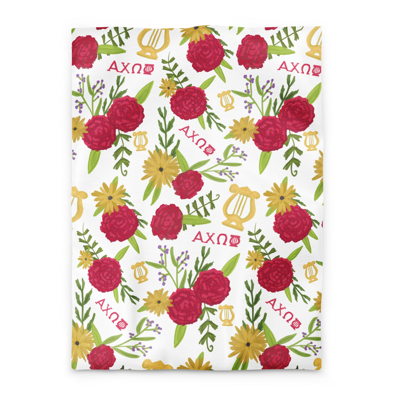 Alpha Chi Omega Sweet Dreams Bedding Bundle showing twin duvet cover with carnation floral print 