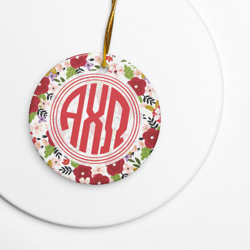 Alpha Chi Omega Ceramic Holiday Ornament shown on white background with gold hanging string
