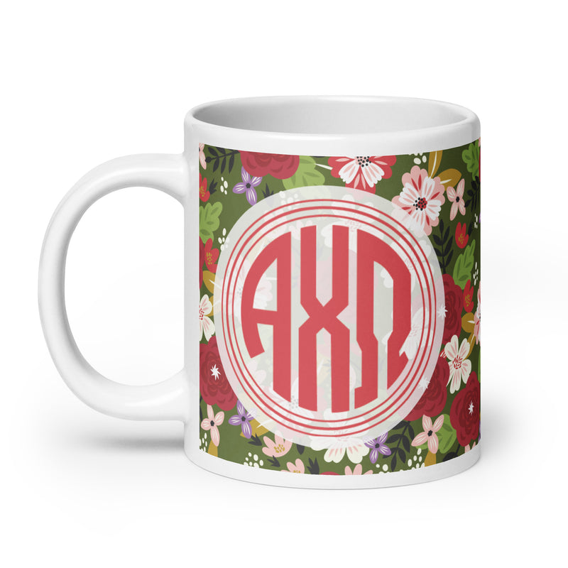 Alpha Chi Omega Modern Floral Mug in 20 oz size in Olive green with handle on left