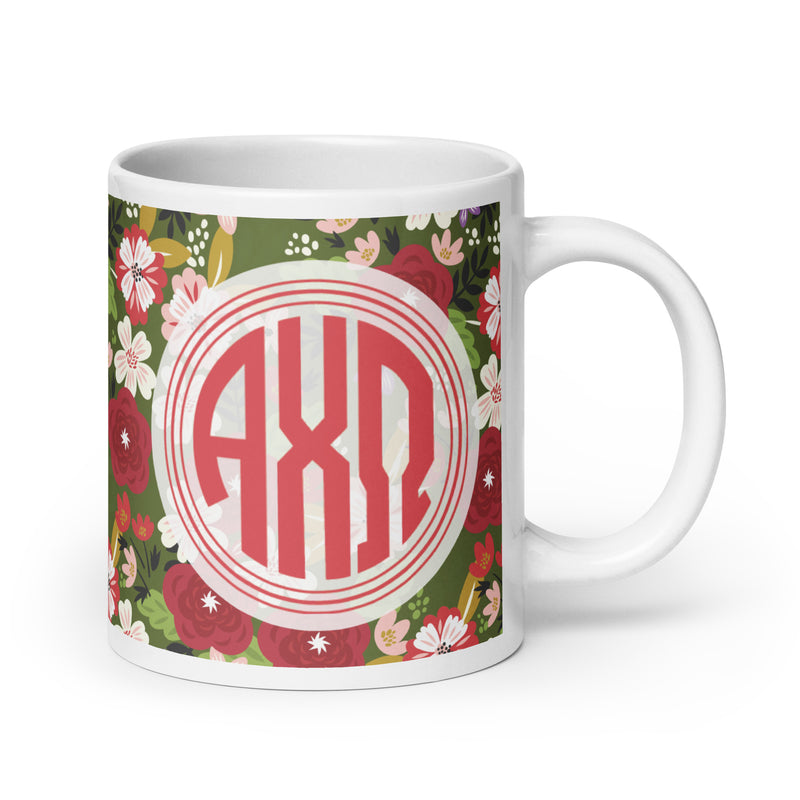 Alpha Chi Omega Modern Floral Mug  in 20 oz size with handle on right