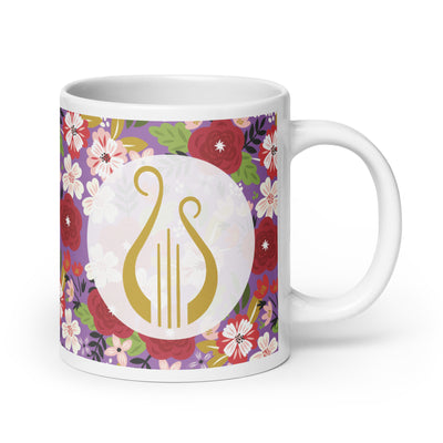 Alpha Chi Omega Modern Floral Mug in 20 oz size in iris Purple with handle on right