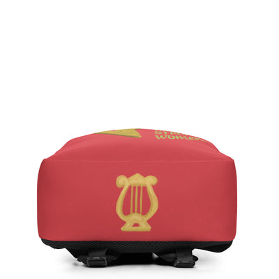 Alpha Chi Omega Red Golden Lyre Backpack showing bottom of bag