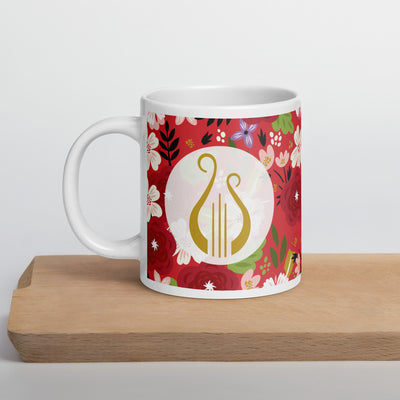 Alpha Chi Omega Modern Floral Mug in 20 oz size on wood shelf