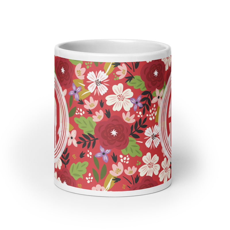 Alpha Chi Omega Modern Floral Mug in Scarlet red in 20 oz size showing side