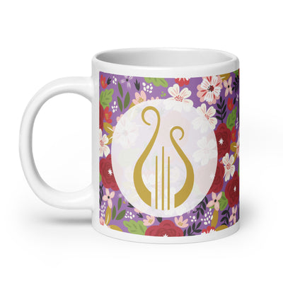 Alpha Chi Omega Modern Floral Mug in 20 oz size with handle on left in Iris purple