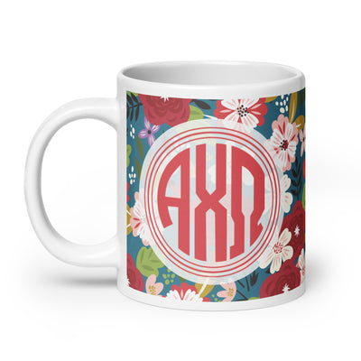 Alpha Chi Omega Modern Floral Mug in 20 oz size showing handle on left