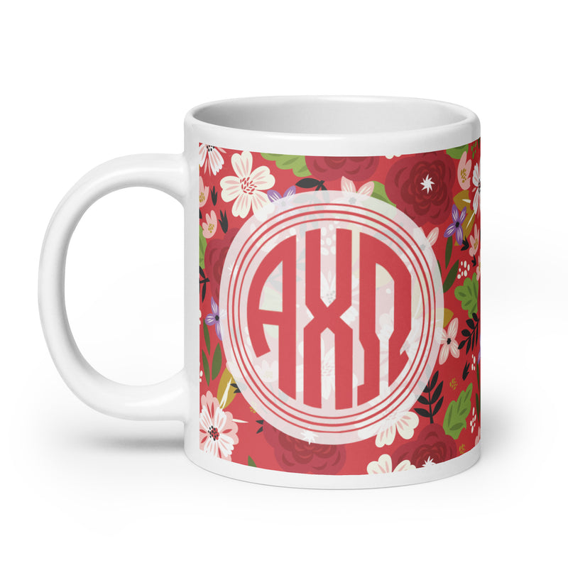 Alpha Chi Omega Modern Floral Mug in 20 oz size with handle on left