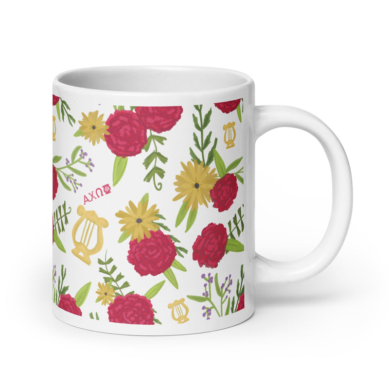 Alpha Chi Omega Sorority Mug with floral print in 20 oz size with handle on right