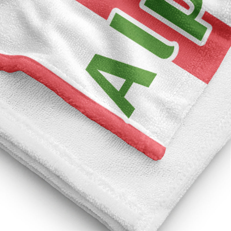 Alpha Chi Striped Cabana Towel showing product in detail and white reverse side