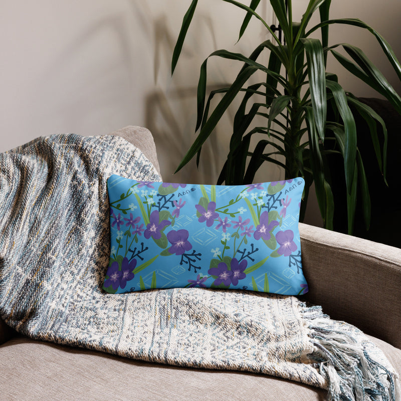 Alpha Delta Pi 1851 Sorority Pillow in 20 x 12 size showing woodland violet print in light blue on back