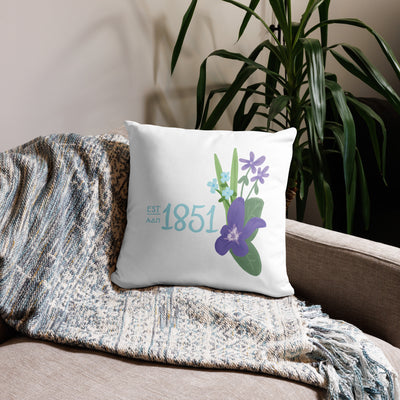 Alpha Delta Pi 1851 Sorority Pillow in 18 x 18 size in white shown on couch