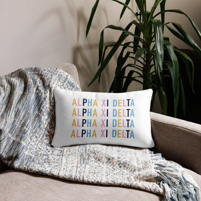 Alpha Xi Delta Sorority Letters Pillow in white in 20 x 12 size showing repeat pattern on back