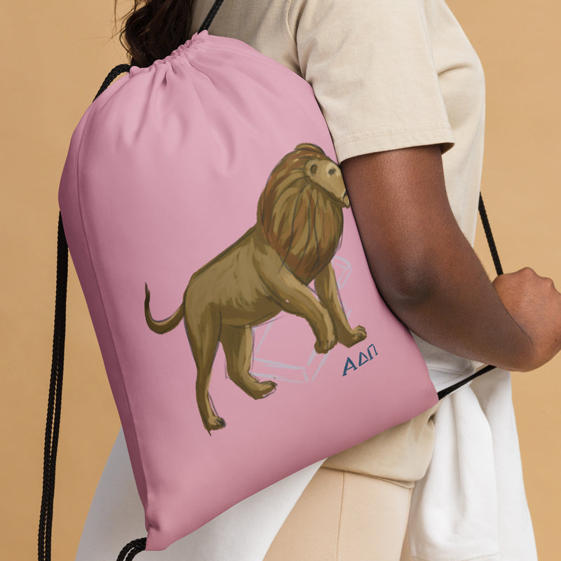 Alpha Delta Pi Drawstring Bag in pink with Alphie the Lion design