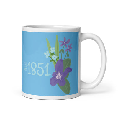 Alpha Delta Pi Sorority Mug with 1851 design in Adelphean blue in 11 oz size