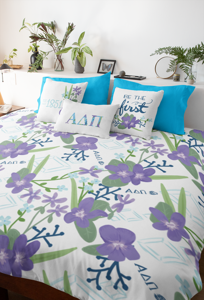 Alpha Delta Pi Woodland Violet Duvet Cover in white shown in bedroom setting
