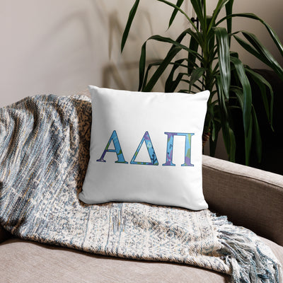 Alpha Delta Pi Filled Letters Sorority Pillow in white in 18 x 18 size shown on couch