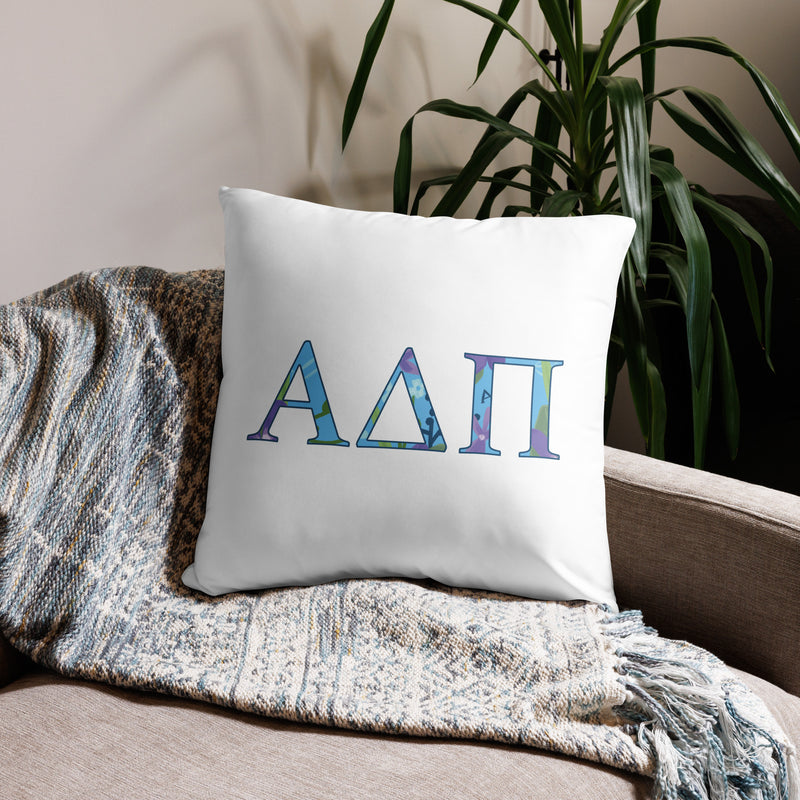 Alpha Delta Pi Filled Letters Sorority Pillow in white in 22 x 22 size showing design on front