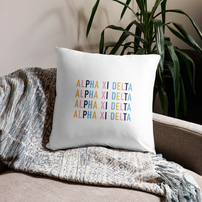 Alpha Xi Delta Sorority Letters Pillow in white in 22 x 22 size showing repeat pattern on back