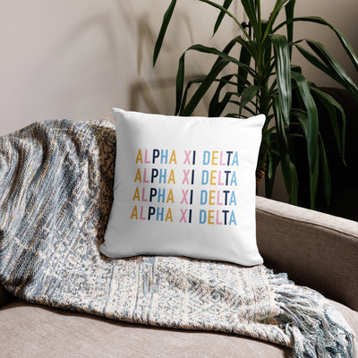 Alpha Xi Delta Sorority Letters Pillow in white in 18 x 18 size showing repeat pattern on reverse side